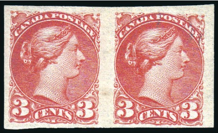 Stamp of Canada 1891 3c Bright Vermilion IMPERF. PAIR, mint lightl