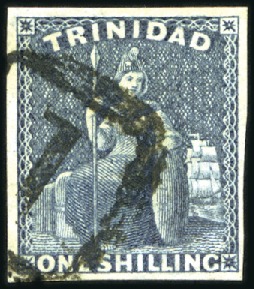 Stamp of Trinidad and Tobago 1859 1s Indigo, fine to very good margins, "1" box