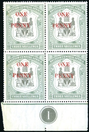 Stamp of Nyasaland » British Central Africa 1897 Crown CC 'ONE PENNY' on 3s black and sea-gree