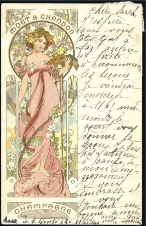 Stamp of Czechoslovakia 1903 MOET & CHANDON CHAMPAGNE picture postcard by Alfonse Mucha used in Lisboa