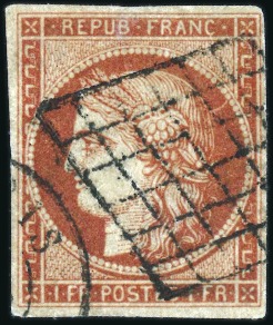 Stamp of France 1849 1F vermillon bien margé, obl. grille et càd,