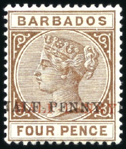 Stamp of Barbados 1892 1/2d on 4d Deep Brown with RED AND BLACK SURC