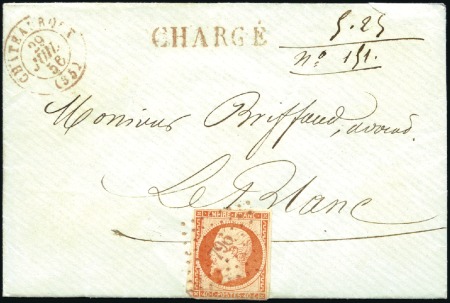 Stamp of France 40c Empire non dentelé obl. PC796 en ROUGE sur env