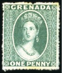 Stamp of Grenada 1861-62 No Wmk 1d bluish green, unused, some faint