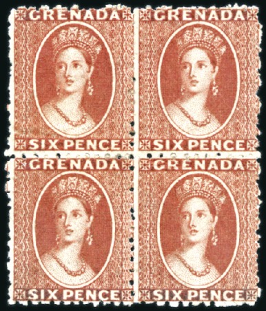 Stamp of Grenada 1861-62 No Wmk 6d lake-red in mint og block of fou