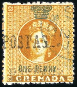 Stamp of Grenada 1883 1d orange with DOUBLE "POSTAGE", used, small 