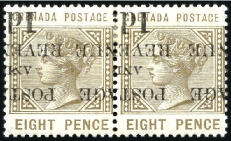 Stamp of Grenada 1888-91 1d on 8d grey-brown with surcharge inverte