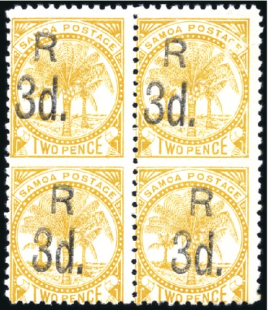 Stamp of Samoa 1895-1900 3d on 2d Orange-yellow, mint, block of f