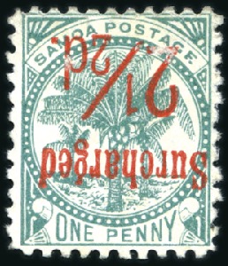 Stamp of Samoa 1898-99 2 1/2d on 1d Bluish green, unused without 