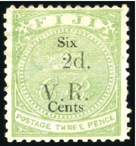 Stamp of Fiji 1875 VR 2d on 6c on 3d green, unused no gum, centr