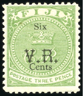 Stamp of Fiji 1875 VR 6c on 3d green, mint, very fine & very sca