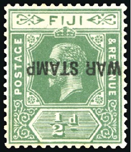 Stamp of Fiji 1915-19 War Tax 1/2d green, mint, showing INVERTED