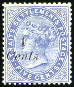 Stamp of Malaysia » Straits Settlements 1880 Crown CA "4 Cents" on 5c blue, mint, part ori