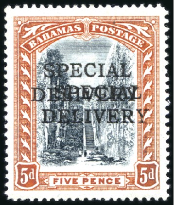 Stamp of Bahamas 1916 5d Black and Orange, showing OVPT DOUBLE, min