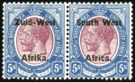 Stamp of South West Africa 1923 Setting II 5s, 10s and £1 set of 3 pairs, min