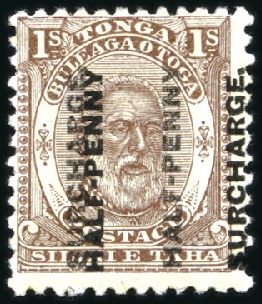 Stamp of Tonga 1894 1/2d on 1s Brown, mint, showing DOUBLE SURCHA