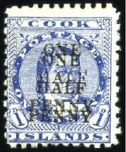 Stamp of Cook Islands 1899 Queen Takau 1/2d on 1d blue, mint, part origi