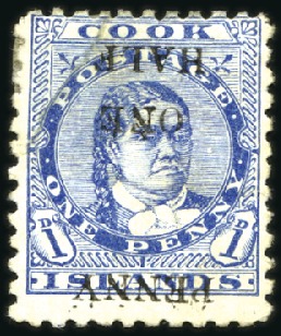 Stamp of Cook Islands 1899 Queen Takau 1/2d on 1d blue, mint, part origi