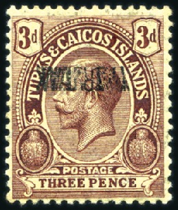 Stamp of Turks and Caicos Islands 1917 War Tax 3d purple on yellow showing black OVP