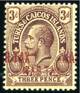 Stamp of Turks and Caicos Islands 1918 War Tax 3d purple on yellow showing red OVPT 