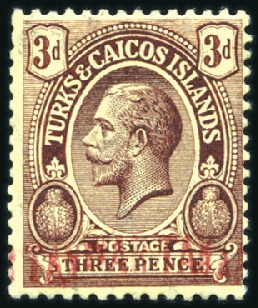 Stamp of Turks and Caicos Islands 1918 War Tax 3d purple on yellow showing red OVPT 
