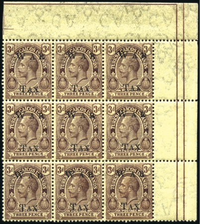 Stamp of Turks and Caicos Islands 1919 War Tax 3d purple, mint nh, top right corner 