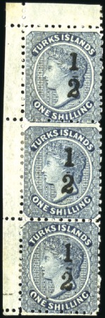 Stamp of Turks and Caicos Islands 1881 No wmk 1/2d on 1s dull blue, mint, top left c