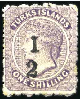 Stamp of Turks and Caicos Islands 1881 1/2d on 1s lilac, unused, no gum, showing FRA