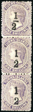 Stamp of Turks and Caicos Islands 1881 No wmk 1/2d on 1s lilac, mint, vertical strip