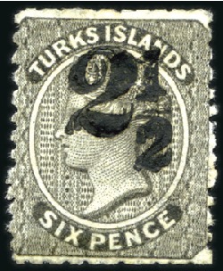Stamp of Turks and Caicos Islands 1881 No Wmk 2 1/2d on 6d black with DOUBLE SURCHAR