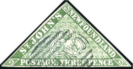 Stamp of Canada » Newfoundland 1857-64 3d Yellowish Green imperf. with clear to g