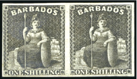 Stamp of Barbados 1858 No Wmk 1s brown-black, imperforate pair, mint