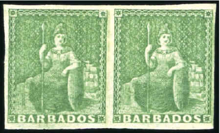 Stamp of Barbados 1855-58 No Wmk (1/2d) green, imperforate pair, min