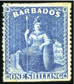 Stamp of Barbados 1861-70 No Wmk 1s blue, rough perf. 14-16, ERROR O