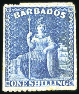 Stamp of Barbados 1861-70 No wmk 1s blue, rough perf. 14-16, ERROR O