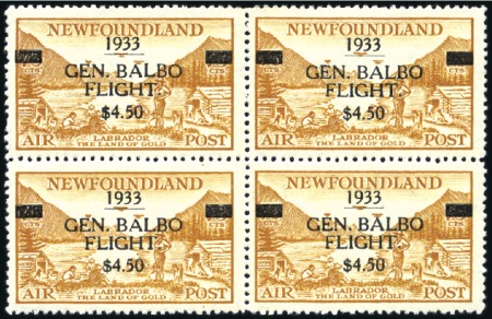 Stamp of Canada » Newfoundland 1933 $4.50 on 75c Yellow-Brown mint block of four,