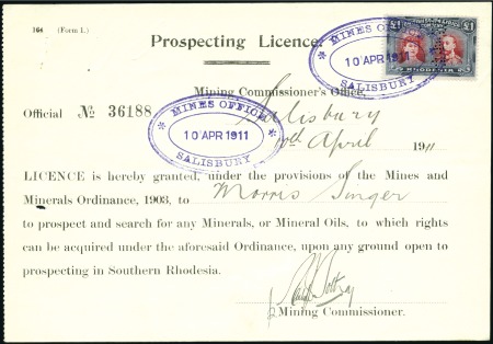 Stamp of Rhodesia 1911 Two mining certificates bearing respectively 