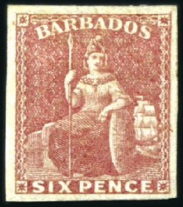 Stamp of Barbados 1858 No Wmk 6d deep rose-red, good even margins, m