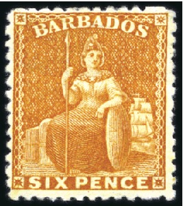 Stamp of Barbados 1875-80 Wmk Crown CC 6d bright yellow (aniline), p
