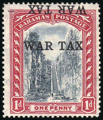 Stamp of Bahamas 1918 War Tax 1d black and red, showing DOUBLE OVPT