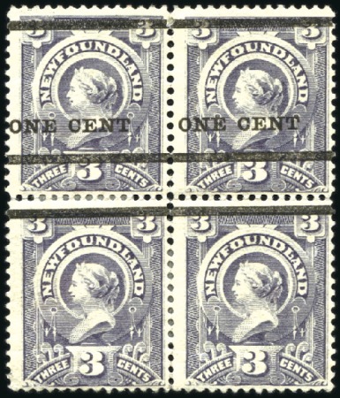 Stamp of Canada » Newfoundland 1897 1c on 3c Grey-Purple with variety "ONE CENT A