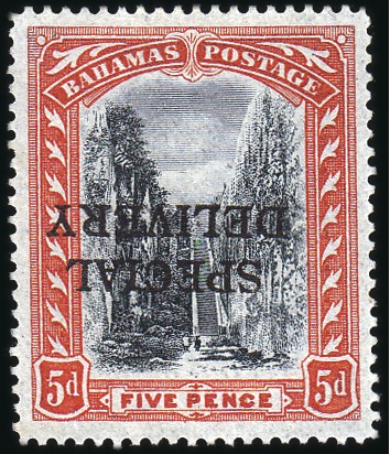 Stamp of Bahamas 1916 5d Black and Orange, showing OVPT INVERTED, m