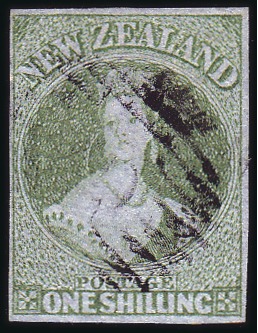 Stamp of New Zealand 1857 1s Green, fair to large margins with lovely t