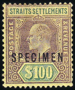Stamp of Malaysia » Straits Settlements 1902-03 Wmk Crown CA $100 purple and green with "S