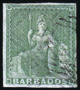 Stamp of Barbados 1855 (1/2d) Yellow-Green, fair to large margins, l