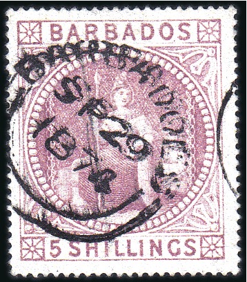 Stamp of Barbados 1873 Wmk Small Star 5s dull rose, neat "SP 29 1874