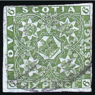 Stamp of Canada » Nova Scotia 1851 6d Yellow-Green with extremely close (at lowe