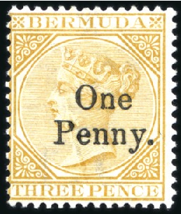 Stamp of Bermuda 1874 "One Penny" on 3d yellw-buff and "One Penny" 