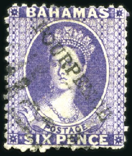 Stamp of Bahamas 1883 4d on 6d Deep Violet, reversed wmk Crown CC, 