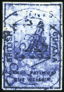 Stamp of British Guiana 1852 Waterlow 4 cents black on deep blue, used wit